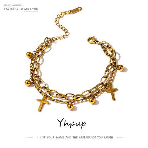 Yhpup-pulsera de acero inoxidable con capas cruzadas para mujer, brazalete de Metal chapado en oro de 14 k, joyería, 2022 ► Foto 1/6