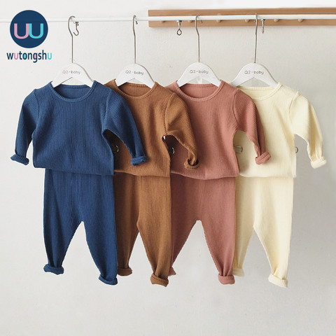 Pijamas de manga larga para niños y niñas, ropa de dormir de algodón, informal, lisa y larga, conjunto de Johhs ► Foto 1/6