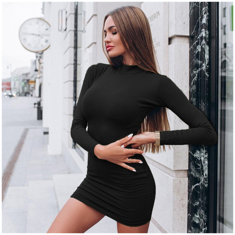 Vestido corto de manga larga ajustado para otoño, minivestido Sexy de Color liso con cuello de tortuga para mujer ► Foto 1/5