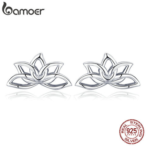 BAMOER-pendientes de plata de ley 925 con forma de flor de loto plateado, joyería elegante, BSE024 ► Foto 1/6