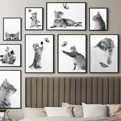 Animales divertidos de mariposa y gato blanco y negro para mascotas, pintura en lienzo, carteles nórdicos e impresiones imágenes para la pared, decoración para sala de estar ► Foto 1/6