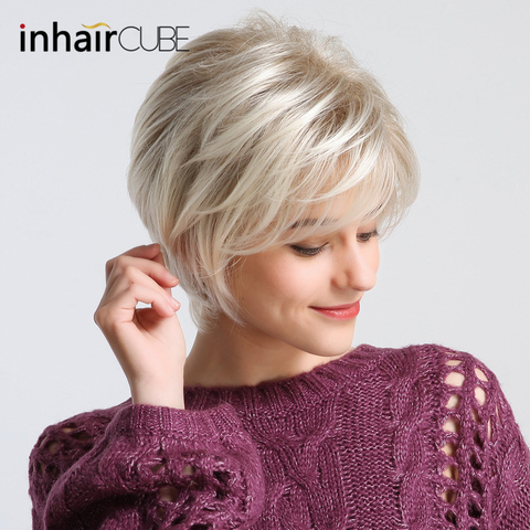 Inhaircube, peluca de pelo corto con flequillo Natural, corte Pixie con reflejos, corte de pelo liso corto sintético para mujeres blancas ► Foto 1/6