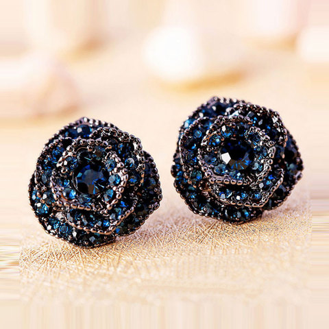 Pendientes Vintage de flor rosa con diamantes de imitación azules de lujo para mujer, aretes de Camelia roja, pendientes de tuerca, joyería elegante al por mayor ► Foto 1/6