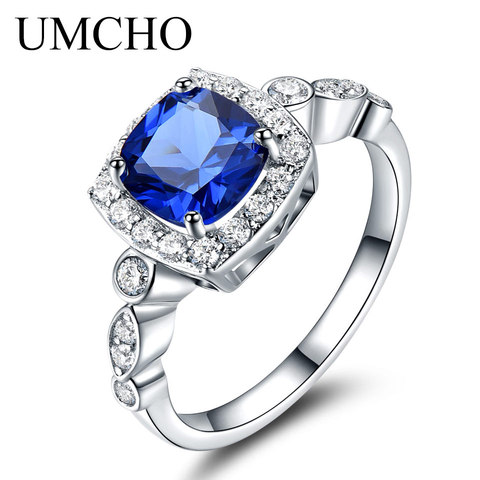 Anillo de plata sólida 925 UMCHO, anillo de zafiro azul para mujer, regalos de piedra natal, anillo de Esmeralda, regalo de joyería de compromiso de boda ► Foto 1/5