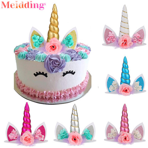 Decoración de la torta de unicornio de cuerno decoración de la torta de boda accesorios de unicornio fiesta de cumpleaños de los niños Baby Shower ► Foto 1/6