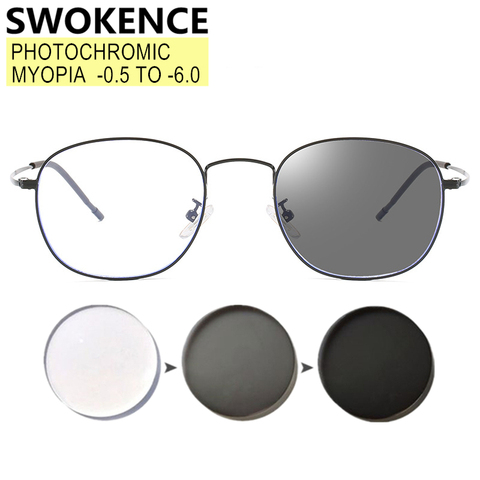 SWOKENCE Photochrom Myopia Glasses -0.5 to -6.0 Prescription Customizable Women Men Round Alloy Frame Chameleon Spectacles F049 ► Foto 1/6