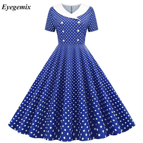 Azul Polka Dot imprimir Vintage vestido de las mujeres de verano de 2022 Retro 50s 60s Swing Pin Up fiesta de Rockabilly vestido túnica vestido de talla grande ► Foto 1/6