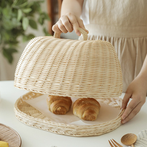 Canasta para pan de mimbre, cesta de almacenamiento de mimbre blanca, cestas de almacenamiento de fruta a prueba de polvo, organizador de la despensa, almacenamiento de cocina ► Foto 1/6