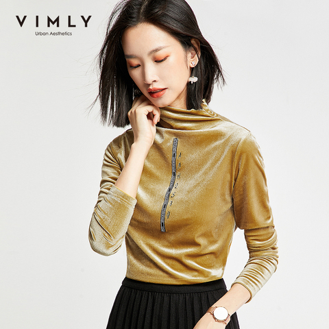 Vimly 2022 Otoño Invierno mujer letra estampada camisa de terciopelo elegante Oficina señora cuello alto manga larga delgada Casual mujer Top 98701 ► Foto 1/5