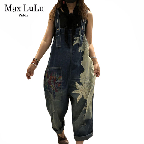 Max LuLu moda Estilo Europeo de primavera para mujer estampado overoles de mezclilla Vintage pantalones vaqueros Casual de mujeres pantalones sueltos de talla grande ► Foto 1/6