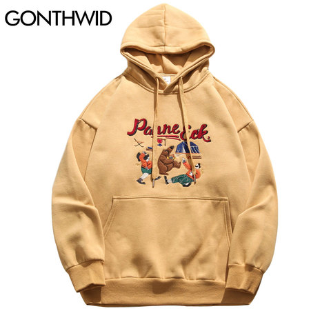 GONTHWID-Sudadera con capucha para hombre, con bordado de oso, de lana, estilo Harajuku, Hip-Hop, informal, 2022 ► Foto 1/6