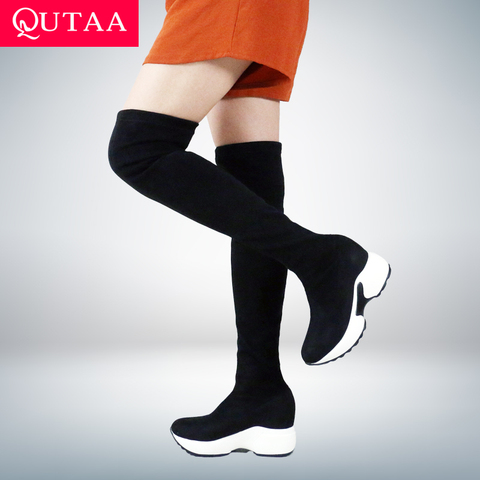 QUTAA, 2022 telas elásticas, botas por encima de la rodilla, zapatos de mujer con punta redonda en aumento de altura, Botas Largas informales para otoño e invierno, Size34-43 ► Foto 1/6