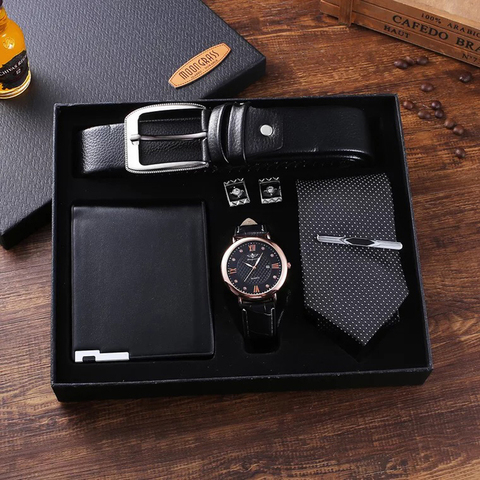 Conjunto de relojes de alta calidad para hombre, reloj de pulsera de cuarzo de negocios, cartera plegable, gemelos de corbata, Clips de corbata ► Foto 1/6