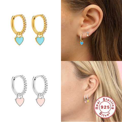 Pendientes de aro de Plata de Ley 925 Aide con bonito Color neón esmaltado corazón pendiente de gota dije Color dorado y plateado para niñas ► Foto 1/6