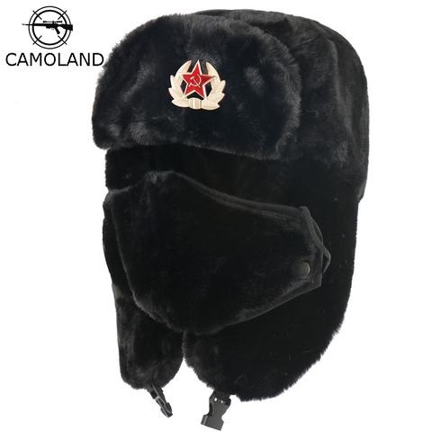 CAMOLAND-Sombrero militar del ejército ruso para hombre y mujer, sombrero de bombardero con orejeras de piel sintética de conejo Ushanka, gorros de nieve, gorros de cazador ► Foto 1/6