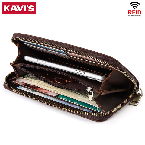 KAVIS-billeteras RFID de estilo largo para hombre, tarjetero de alta calidad, monedero con cremallera, billetera de cuero de vaca de gran capacidad ► Foto 1/6