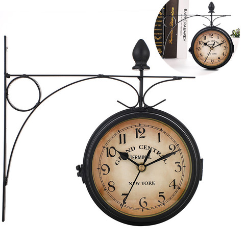 Colgante de pared de hierro forjado de aspecto antiguo, caras de doble cara, lámparas de reloj Retro, reloj colgante de pared ► Foto 1/6