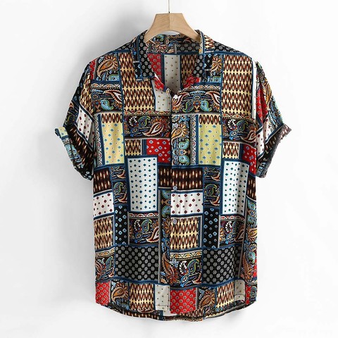 Camisa holgada de con cuello levantado para hombre, blusa de oficina de calidad con estampado de moda étnica Vintage - Historial de precios y revisión | Vendedor de AliExpress -