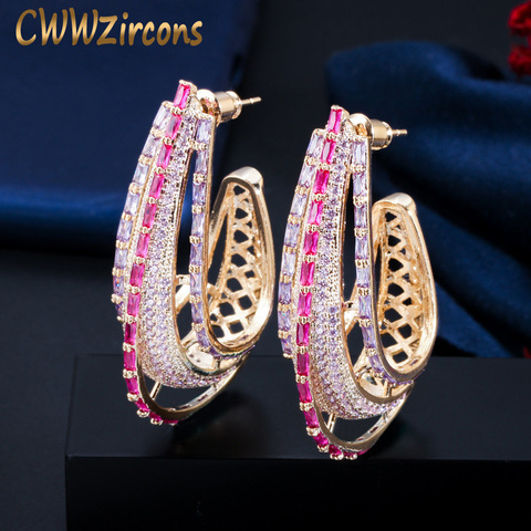 CWWZircons lujo geométrica círculo redondo rosa púrpura Cubic Zirconia cristal largo gran Declaración aro pendientes para las mujeres CZ747 ► Foto 1/6