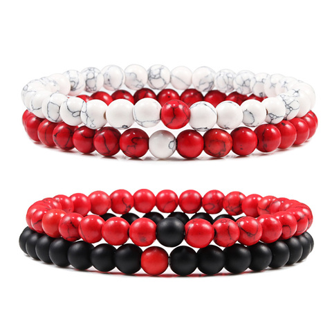 Pulsera de distancia de pareja para hombre y mujer, brazalete de cuentas de cuerda elástica de 6mm, piedra Natural mate, color rojo, turquesa y negro ► Foto 1/6