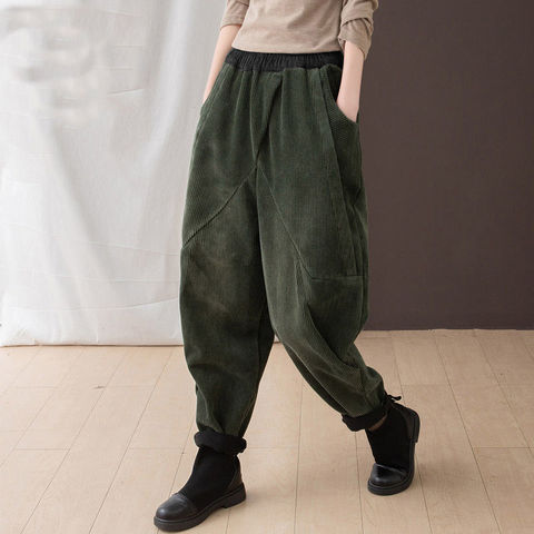 Pantalones bombachos de pana verde militar para mujer, calzas holgadas de talla grande para papá, ropa elegante de moda para invierno ► Foto 1/5