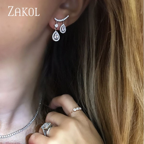 ZAKOL-pendientes colgantes de doble gota para mujer, de circonia cúbica, con personalidad, para boda, cena, aniversario, regalo de cumpleaños, joyería FSEP2388 ► Foto 1/6