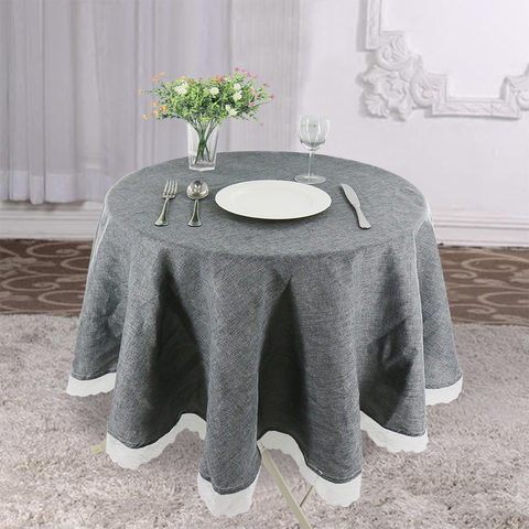 Ronda rústica mantel de lino de algodón gris de la cubierta de la Mesa tela decorativo liso elegante Pastoral manteles redondos con borde de encaje ► Foto 1/6