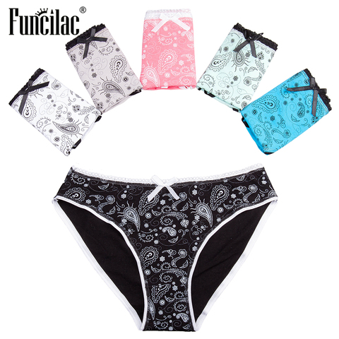 FUNCILAC-ropa interior Sexy para mujer, bragas de Bikini de algodón de cintura baja, lencería de impresión M L XL 5 unids/lote ► Foto 1/6