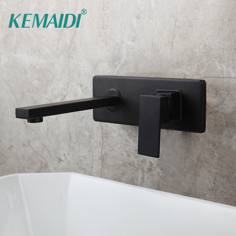 KEMAIDI-grifo de fregadero montado en la pared para baño, mezclador de latón sólido caliente y frío, color negro mate, para bañera ► Foto 1/6