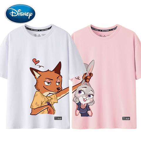 Camiseta de Disney para mujer, blusa de algodón con cuello redondo de dibujos animados de Zootopia, conejo, zorro, Unisex, de manga corta, 8 colores ► Foto 1/6