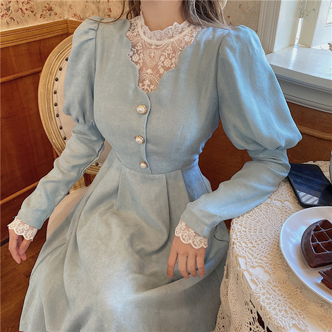 Vestido Midi de encaje para mujer, vestido liso elegante de estilo francés informal, estilo Kawaii coreano 2022 ► Foto 1/6