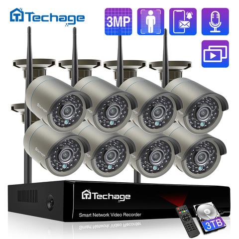 Techage-Sistema de cámara de vídeo inalámbrico para exteriores, cámara IP de seguridad CCTV, registro de Audio, Wifi, P2P, Kit de vigilancia NVR, H.265, 8 canales, 3MP ► Foto 1/6