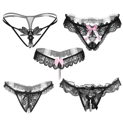 5 unids/lote 5 Estilo Color negro bragas con perlas de las mujeres ropa interior Sexy G String tangas de encaje cintura baja Bowknot cadenas ► Foto 1/6