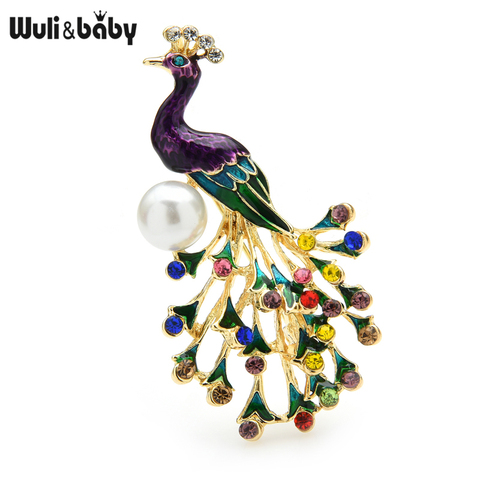 Wuli & baby-broches de pavo real de diamantes de imitación para mujer, alfileres de perlas y aves esmaltadas, broche informal de oficina, regalos ► Foto 1/3