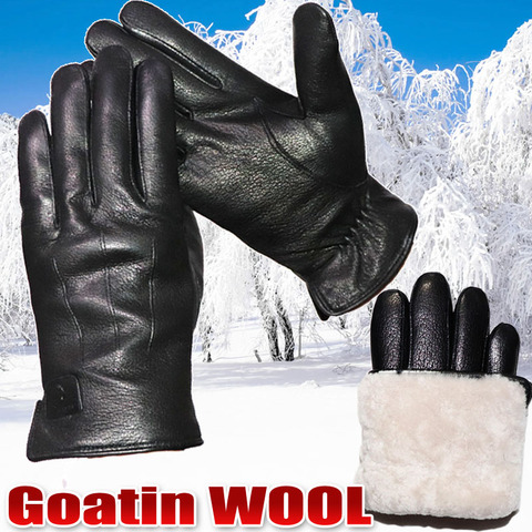 Guantes de lana auténtica de cuero para hombre, guantes con patrón de piel de oveja, cálidos, integrados ► Foto 1/5