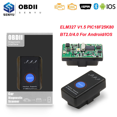 Escáner obd2 para coche, herramienta de diagnóstico de coche ELM 327 V1.5 con PIC18F25K80 OBD2 con Bluetooth 4,0 ODB2 para Android/IOS ELM327 V1.5 OBD 2 obd2 ► Foto 1/6