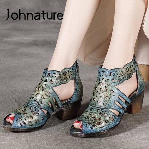 Johnature-sandalias de verano para mujer, zapatos de cuero genuino Retro con cremallera, informales, cosidas a mano, sandalias de señora tiempo libre, novedad de 2022 ► Foto 1/6