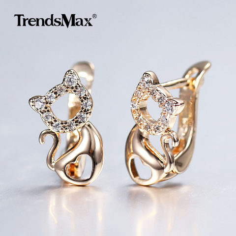 Pendientes de oro rosa para mujer y niña, aretes de Pequeño gato, gatito, mascota, corazón pavimentado, pendientes de circón cúbico blanco, regalo de cumpleaños, GE293, 585 ► Foto 1/5