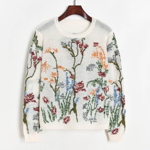 Ver a través de Mohair suéter de las mujeres de Color de contraste Floral de punto Jacquard suéter de Otoño de 2022 nuevo o-Cuello de manga larga delgada suéteres ► Foto 1/6