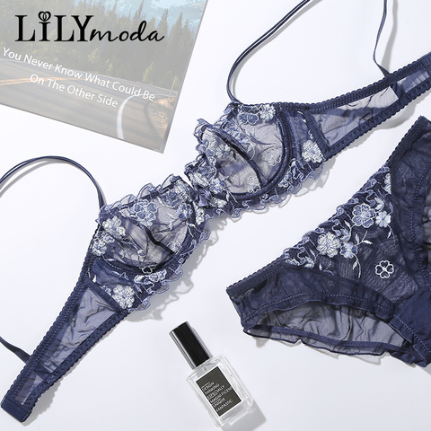 Lilymoda 2022 nuevas mujeres caliente transparente Sujetador de encaje bordado breve Panty establece ultrafino Sexy ropa interior femenina sujetador ► Foto 1/6