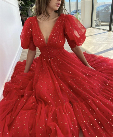 Vestido de lujo de tul con estrellas y lentejuelas para mujer, linterna de fiesta, manga corta, plisado, cruzado, largo, para verano, 2022 ► Foto 1/5