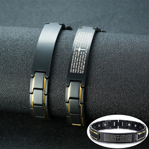 Vinterly-pulsera de identificación negra para hombre, brazalete magnético de acero inoxidable para hombre, brazalete con grabado de beneficios para la salud cruzada ► Foto 1/6