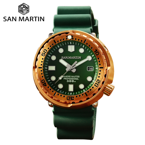 Reloj San Martin de bronce para hombres, zafiro mecánico automático luminoso, 30 Bar, resistente al agua, correa de caucho fluorescente, calendario, mochilas ► Foto 1/6