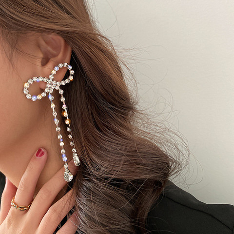 FYUAN-pendientes colgantes de cristal con lazo grande para mujer, aretes geométricos largos con borlas y diamantes de imitación, joyería llamativa ► Foto 1/6