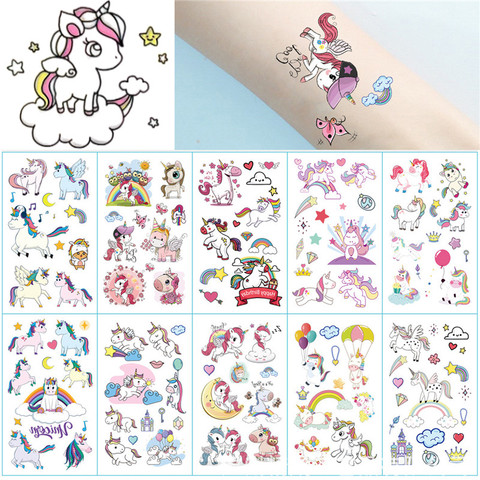 Juego de tatuajes de unicornio de colores para niños, tatuaje temporal para la cara, tatuaje corporal seguro, 10 Uds. ► Foto 1/6