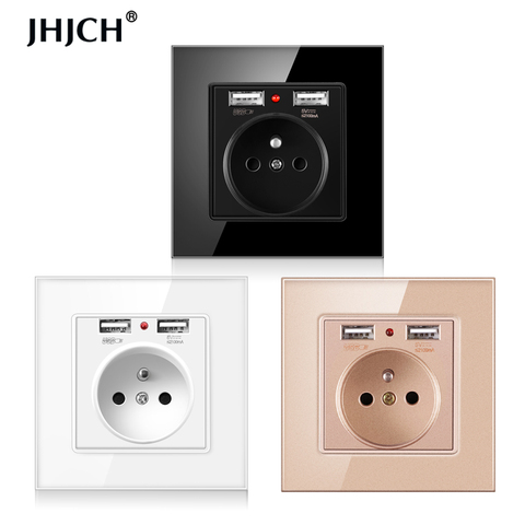 Jhjch-enchufe de pared estándar francés, toma de corriente de 16a con puerto Dual de 2100ma, Cargador USB, panel de vidrio negro, blanco, dorado, 86 ► Foto 1/6