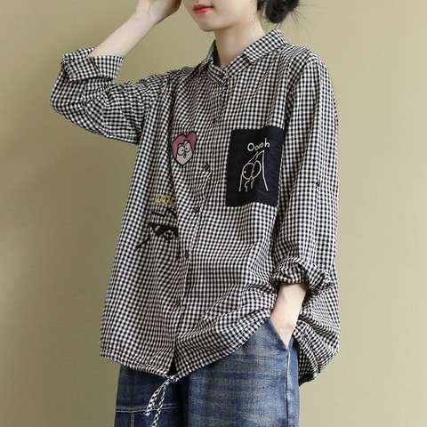 Blusa informal de talla grande para mujer, camisa de estilo coreano Vintage a cuadros con bordado de dibujos animados, de gran tamaño, P1278, 2022 ► Foto 1/6