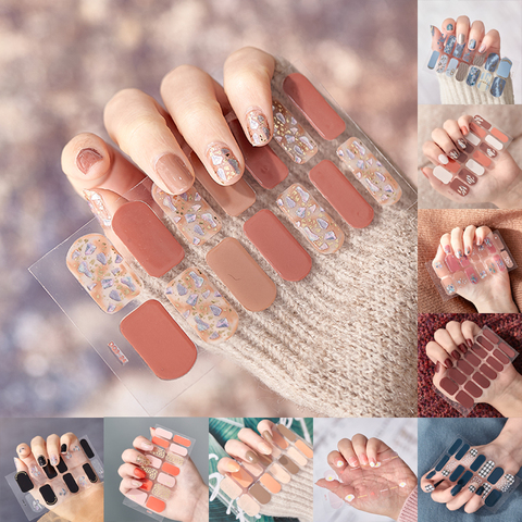 Pegatinas de uñas de Color degradado con brillo, 14 Uds./hoja, envoltura de uñas, funda completa de uña, pegatina de esmalte, decoración artística autoadhesiva ► Foto 1/6