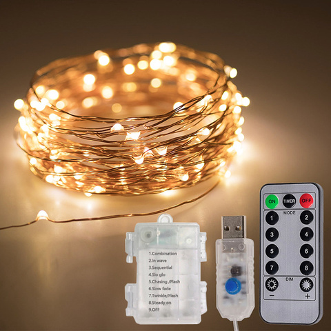 Cadena de luces LED con USB/caja de batería, guirnalda de iluminación de hadas con Control remoto para decoración de exteriores, hogar, habitación y vacaciones ► Foto 1/6