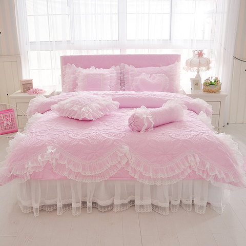 100% de algodón grueso acolchado de ropa de cama de Reina rey tamaño doble juego de cama princesa coreana niñas blanco rosa falda de la cama conjunto de funda de almohada ► Foto 1/4
